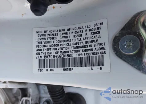 2016 Honda Civic Touring from USA, damaged, VIN 19XFC1F95GE015530